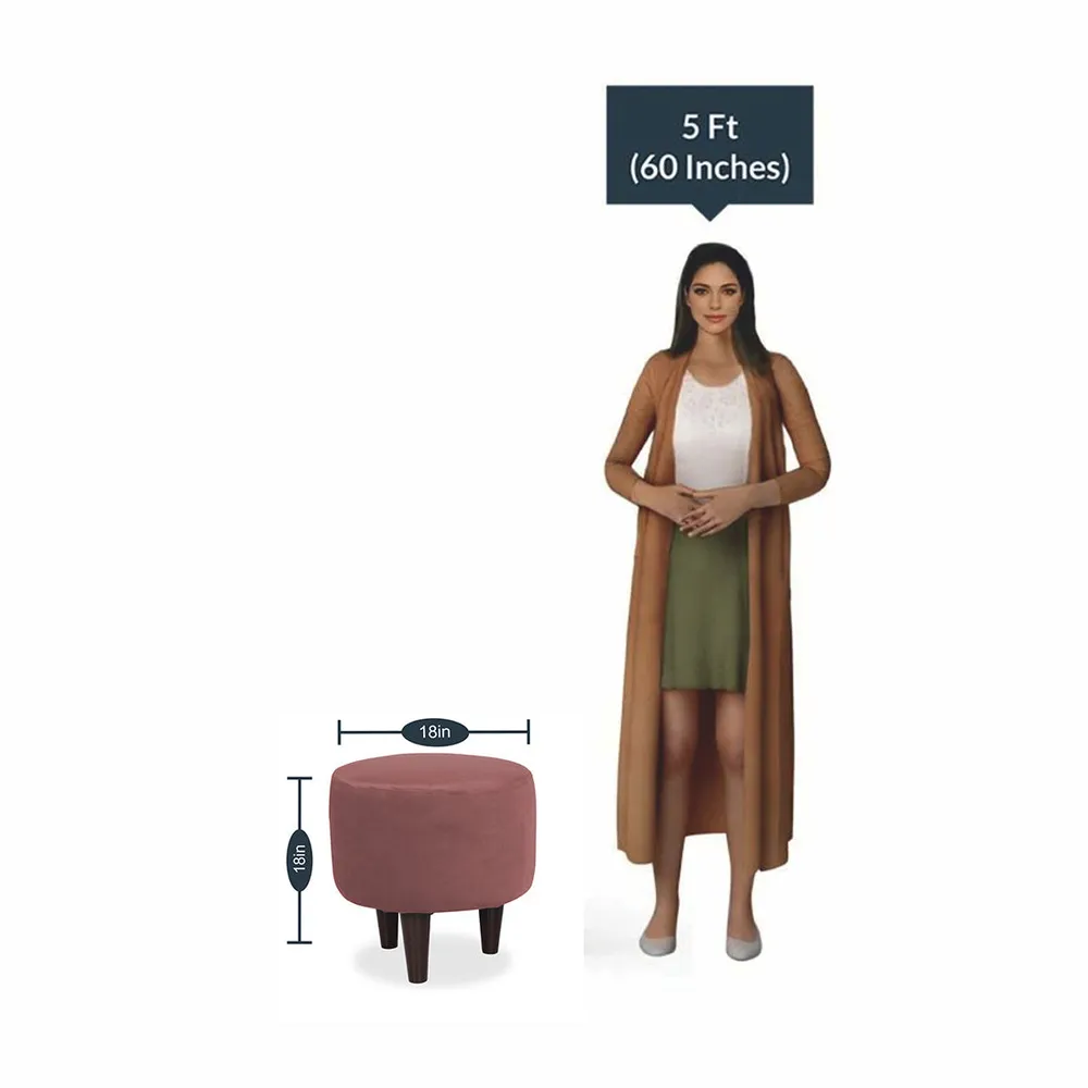 Solid Pink Round Ottoman/Pouffe With Wooden Legs