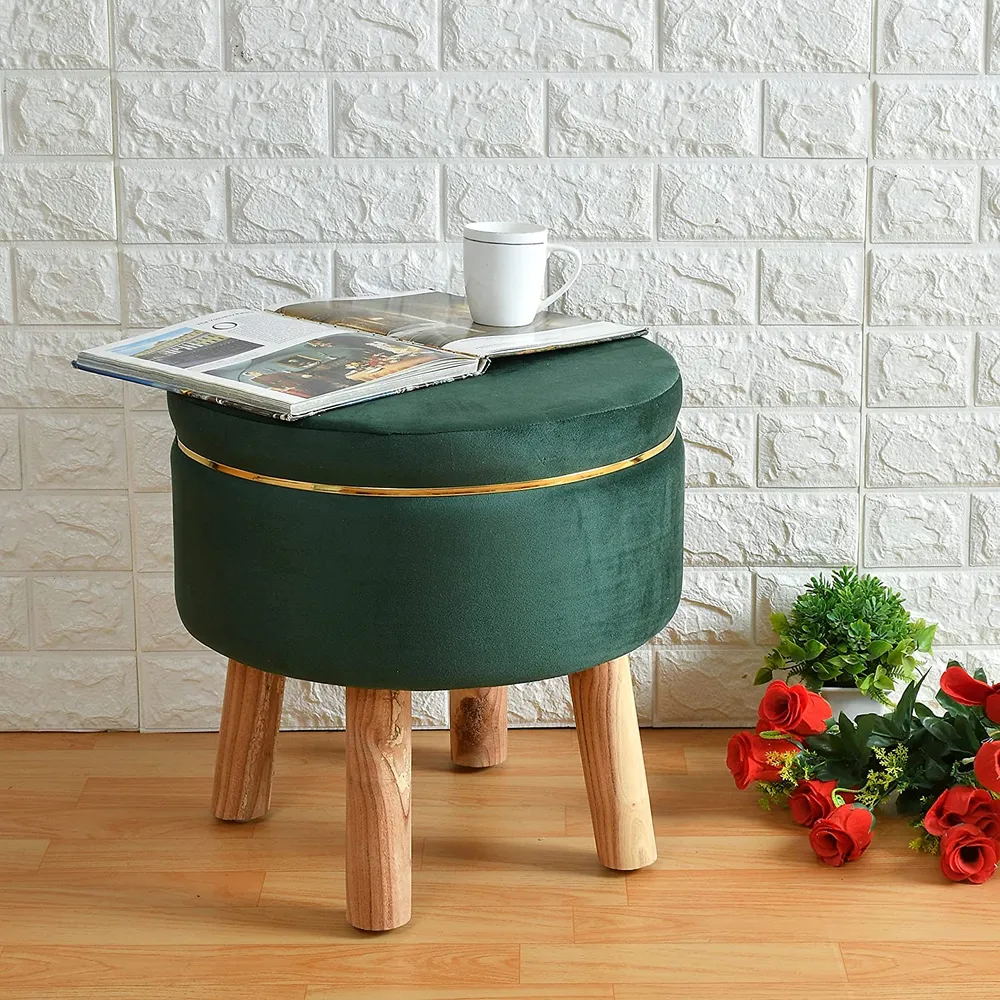 Solid Ring Embellished Velvet Pouffe Green