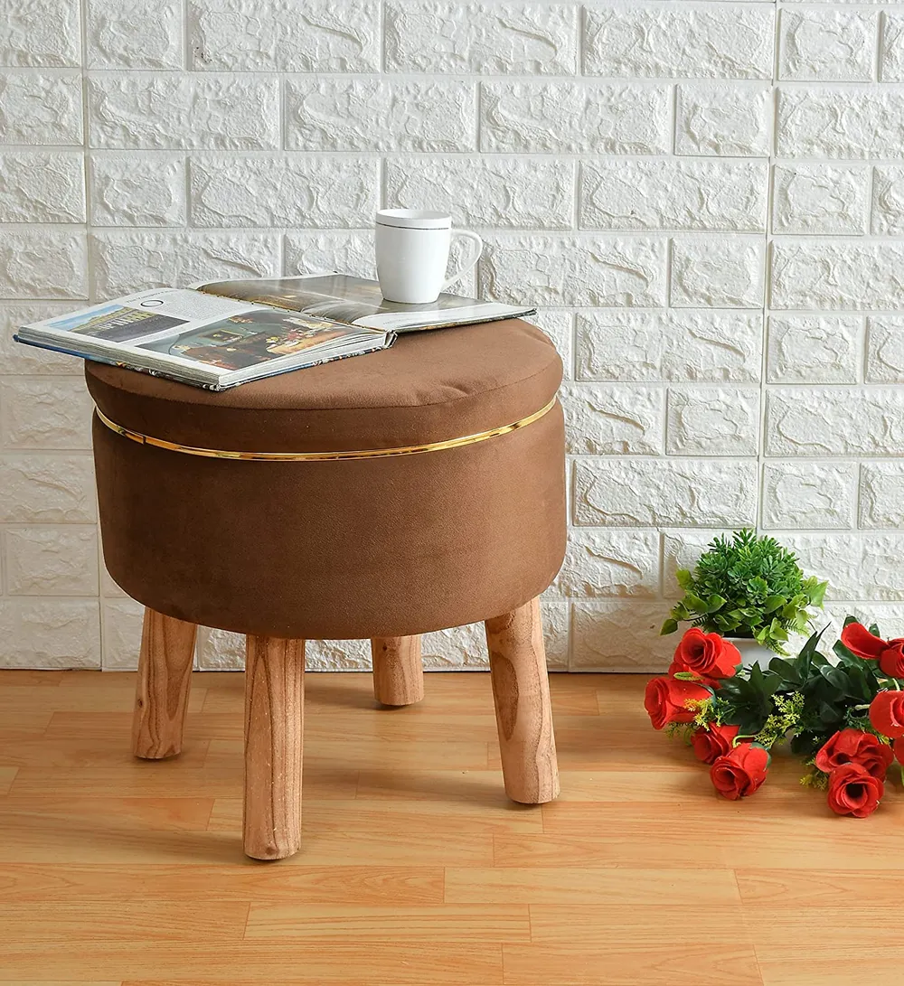Solid Ring Embellished Velvet Pouffe Green