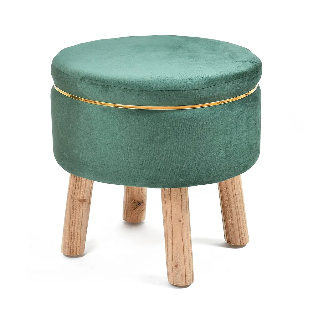 Solid Ring Embellished Velvet Pouffe Green