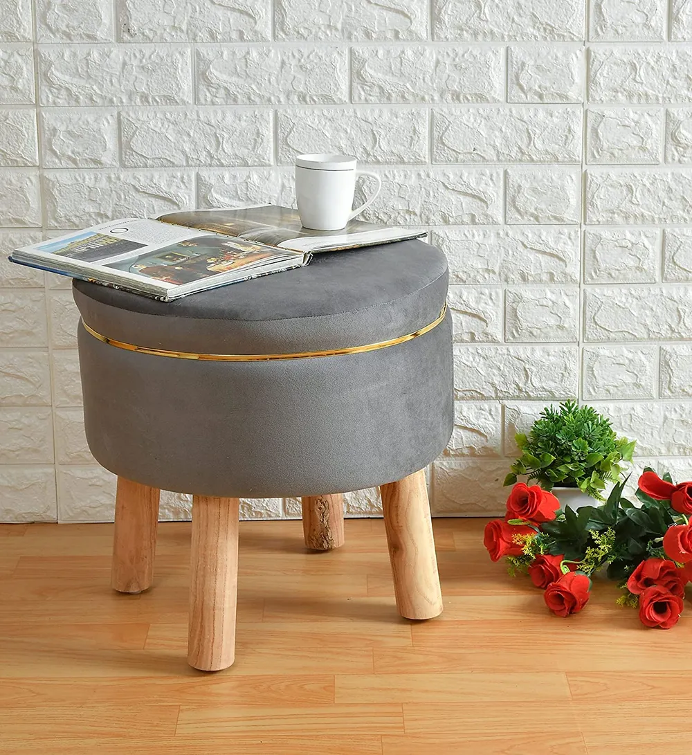 Solid Ring Embellished Velvet Pouffe Green