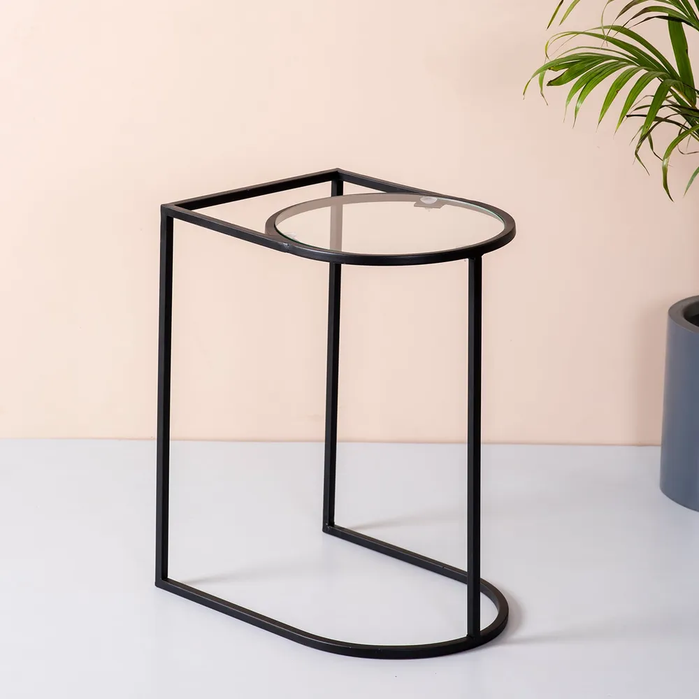 Solid Sheer Iron and Glass Lustrous Black Side Table