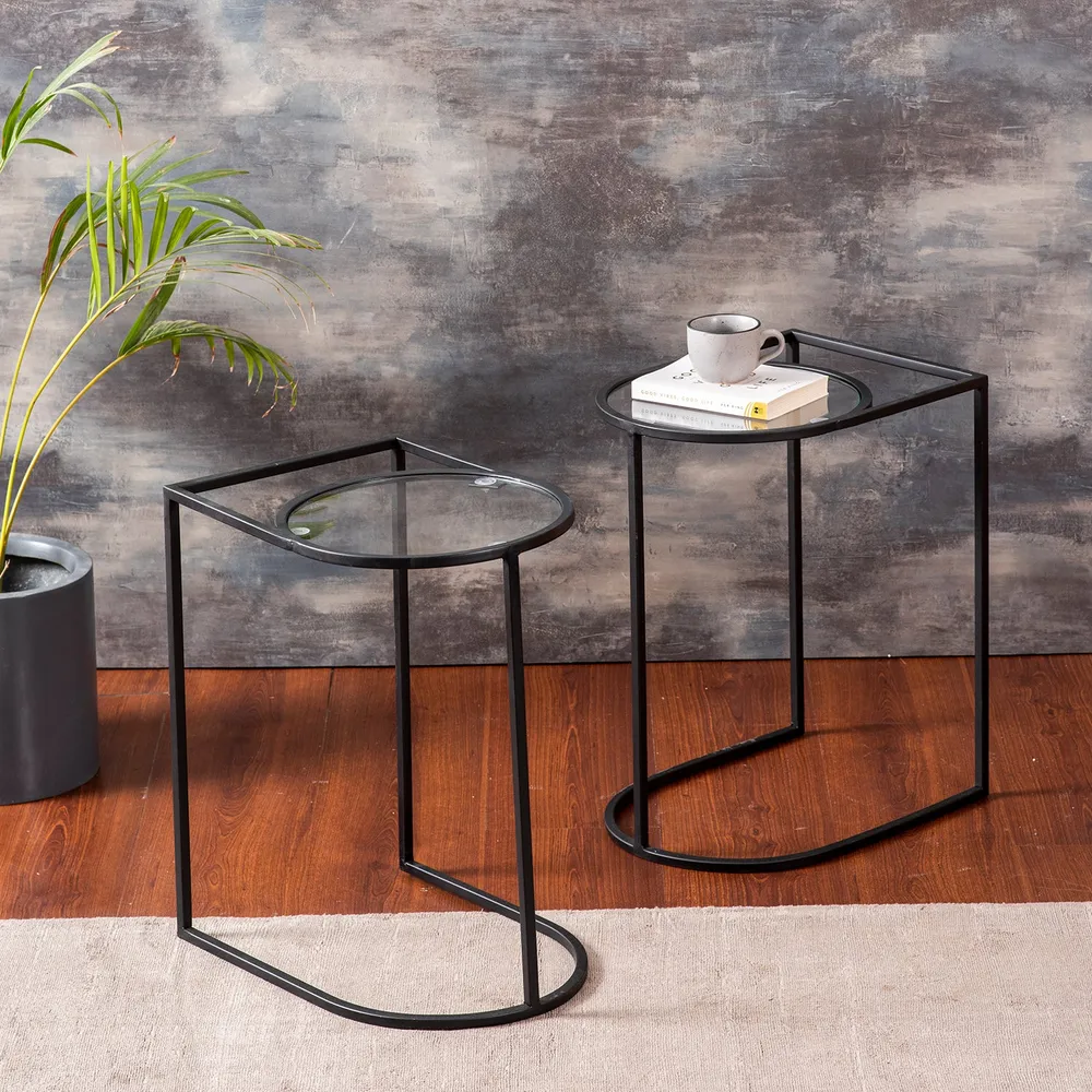 Solid Sheer Iron and Glass Lustrous Black Side Table