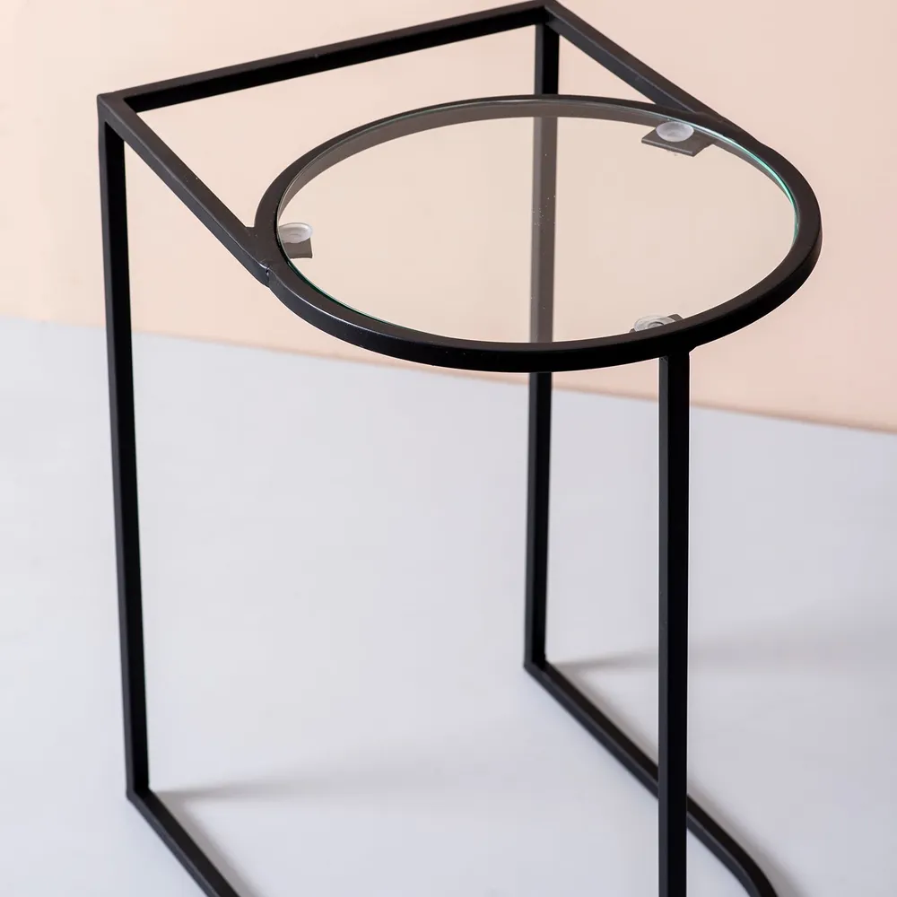 Solid Sheer Iron and Glass Lustrous Black Side Table
