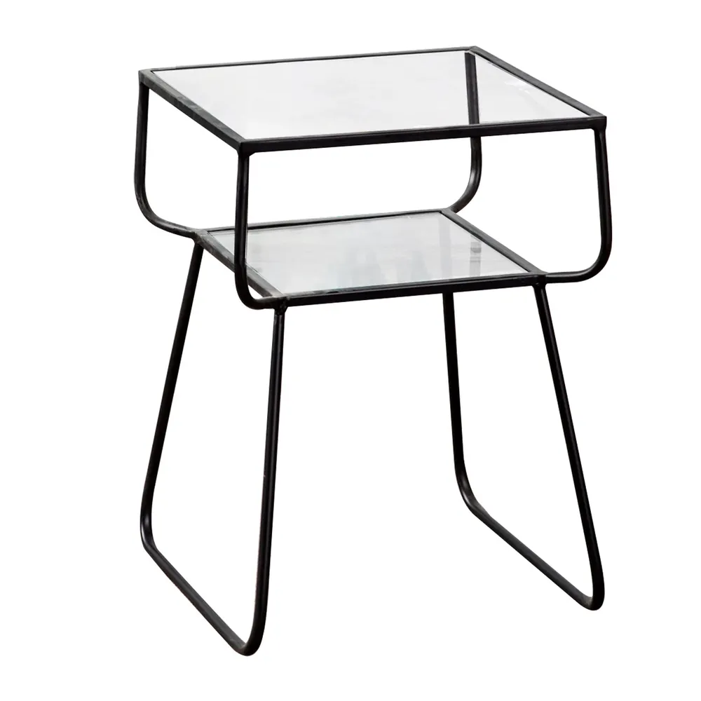 Solid Sheer Iron and Glass Lustrous Black Side Table Set Of 2