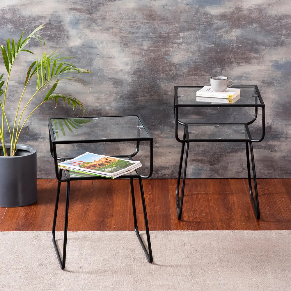 Solid Sheer Iron and Glass Lustrous Black Side Table Set Of 2