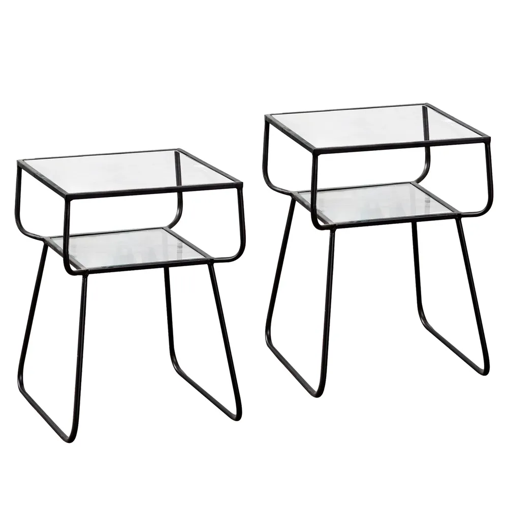 Solid Sheer Iron and Glass Lustrous Black Side Table Set Of 2