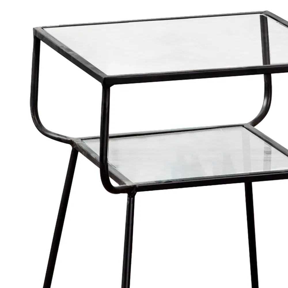 Solid Sheer Iron and Glass Lustrous Black Side Table Set Of 2