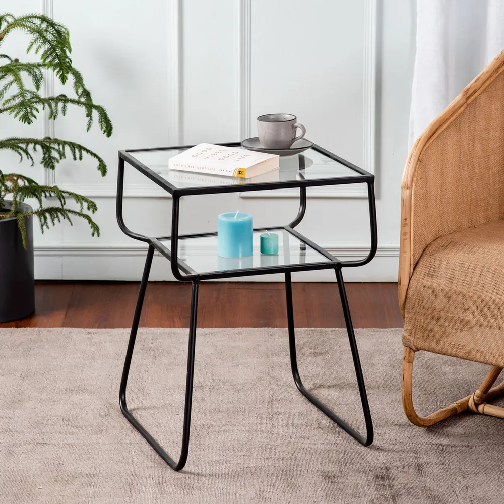 Solid Sheer Iron and Glass Slanting Lustrous Black Side Table