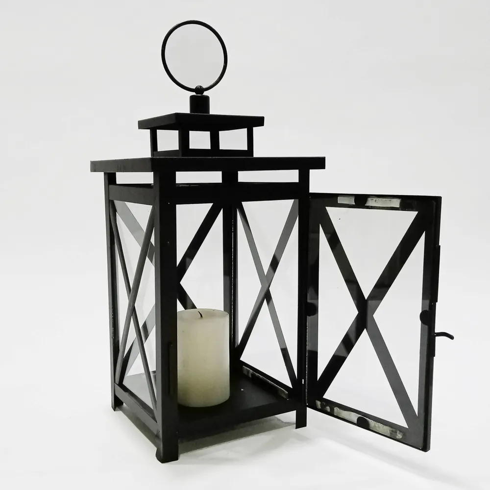Solid Sheet Metal Craftsmanship Vintage Black Lantern with Board Panels – Large