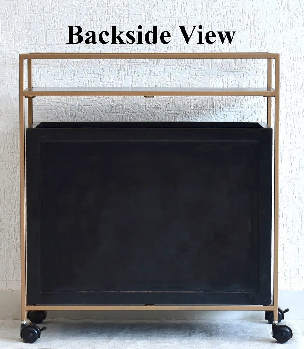 Solid Wood Black Bar Trolley With Wheels/ Multipurpose Cabinet With Golden Iron Frame