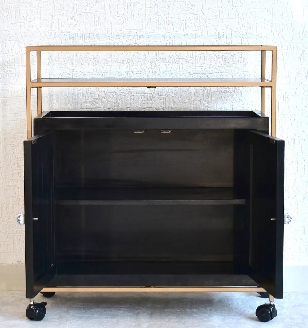 Solid Wood Black Bar Trolley With Wheels/ Multipurpose Cabinet With Golden Iron Frame