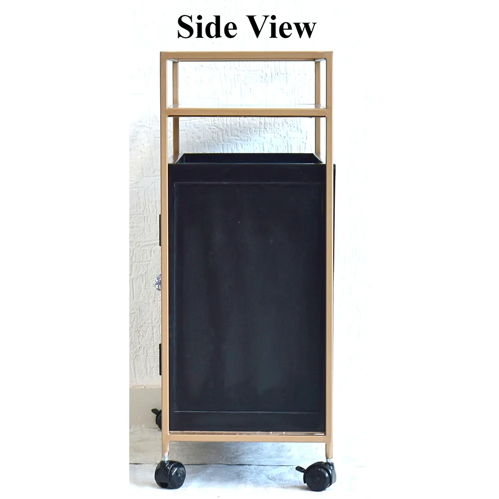 Solid Wood Black Bar Trolley With Wheels/ Multipurpose Cabinet With Golden Iron Frame