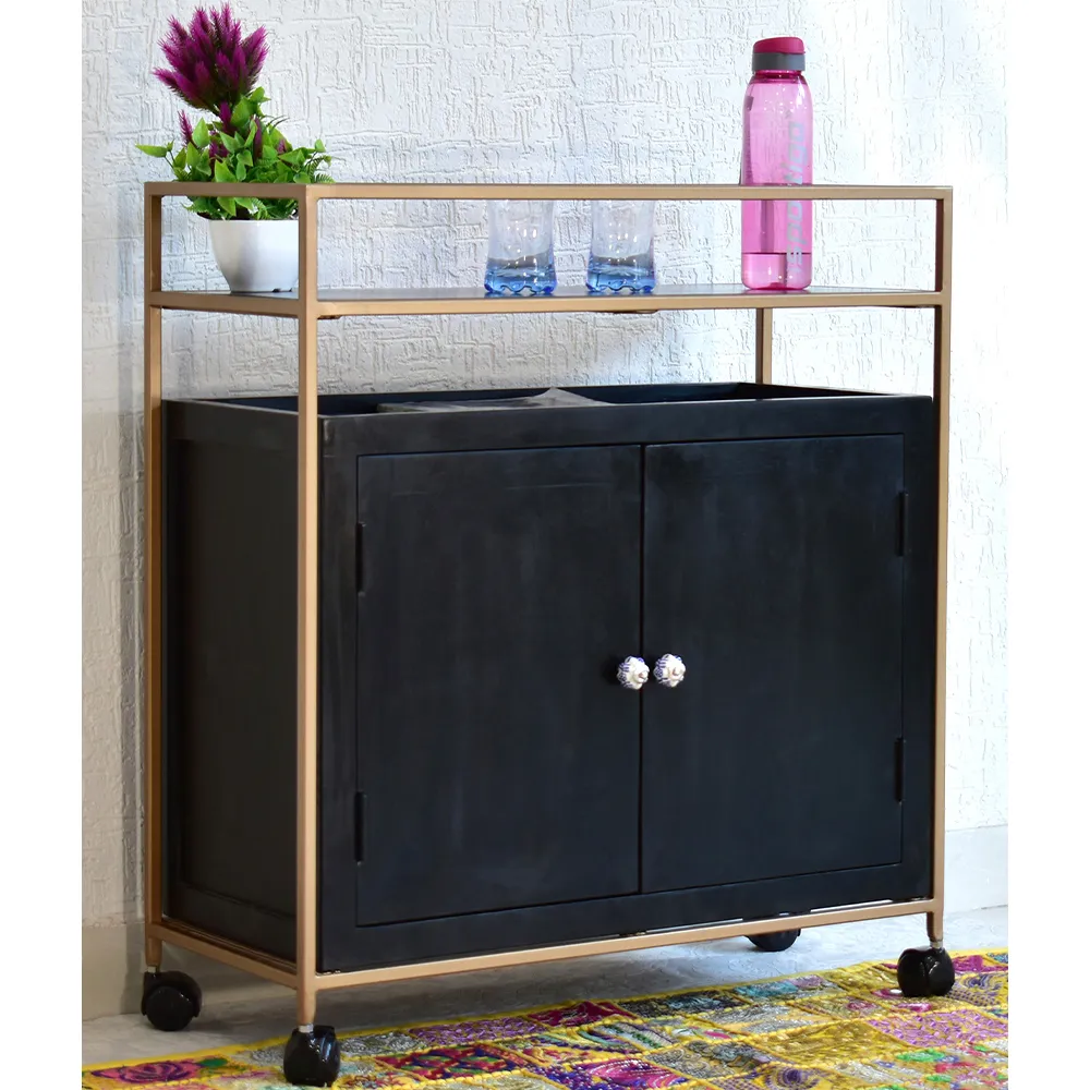 Solid Wood Black Bar Trolley With Wheels/ Multipurpose Cabinet With Golden Iron Frame