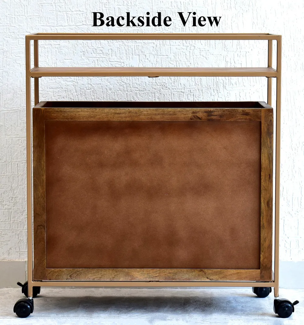 Solid Wood Natural Brown Bar Trolley With Wheels/ Multipurpose Cabinet With Golden Iron Frame