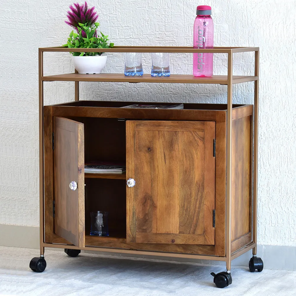 Solid Wood Natural Brown Bar Trolley With Wheels/ Multipurpose Cabinet With Golden Iron Frame