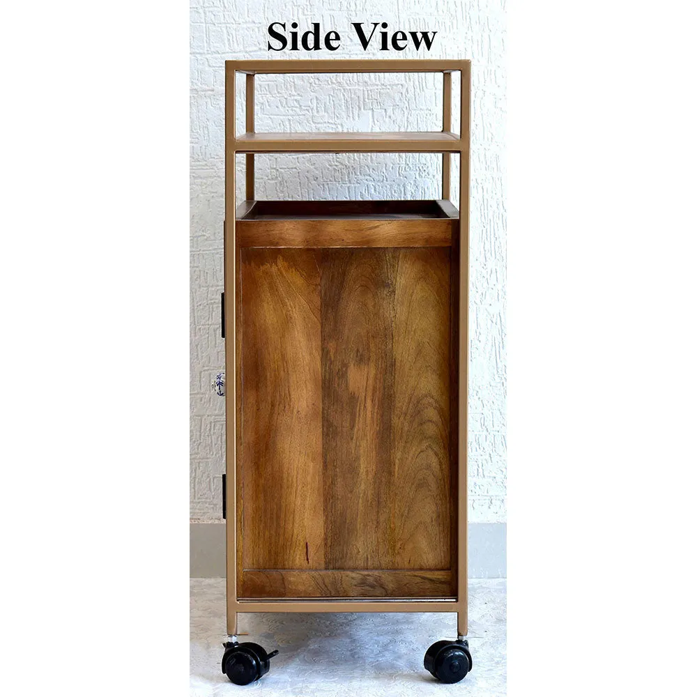 Solid Wood Natural Brown Bar Trolley With Wheels/ Multipurpose Cabinet With Golden Iron Frame
