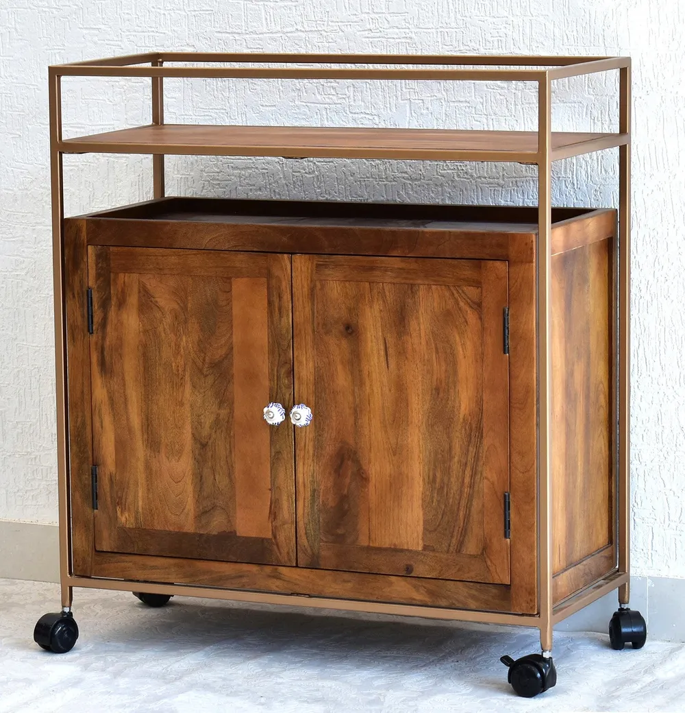 Solid Wood Natural Brown Bar Trolley With Wheels/ Multipurpose Cabinet With Golden Iron Frame