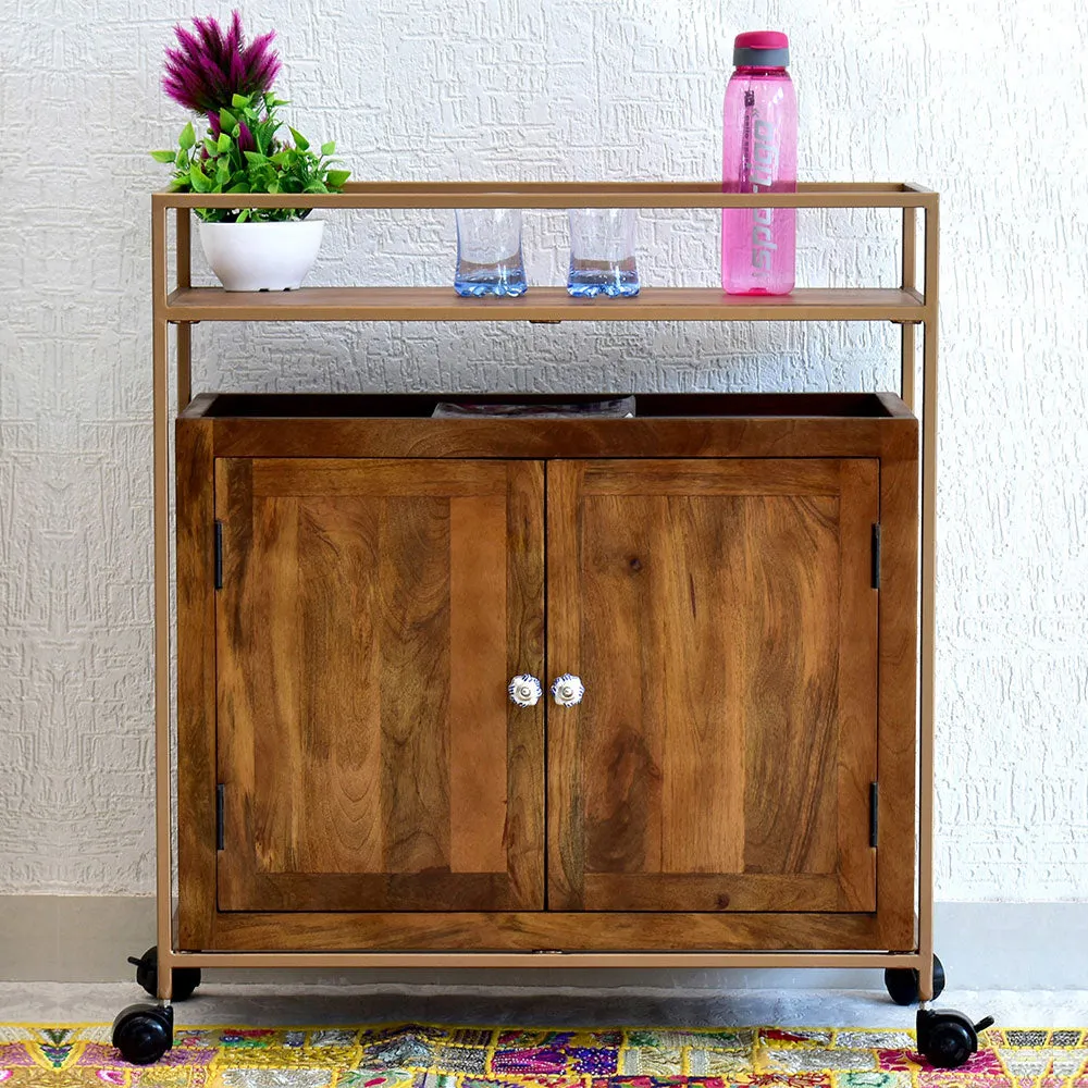 Solid Wood Natural Brown Bar Trolley With Wheels/ Multipurpose Cabinet With Golden Iron Frame