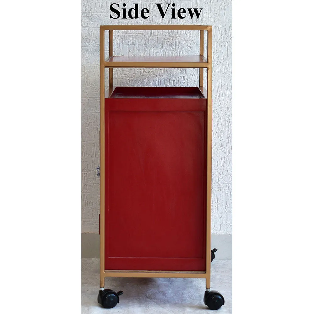 Solid Wood Red Bar Trolley With Wheels/ Multipurpose Cabinet With Golden Iron Frame