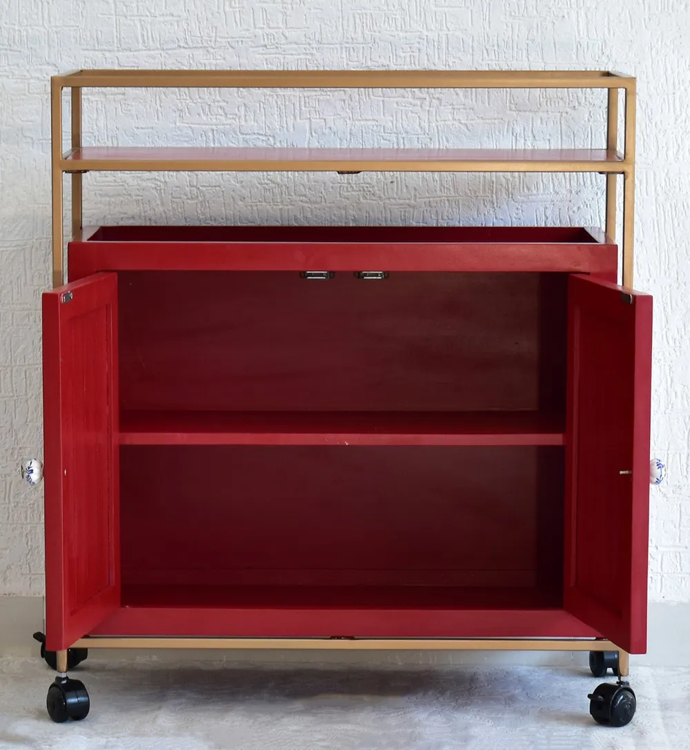Solid Wood Red Bar Trolley With Wheels/ Multipurpose Cabinet With Golden Iron Frame