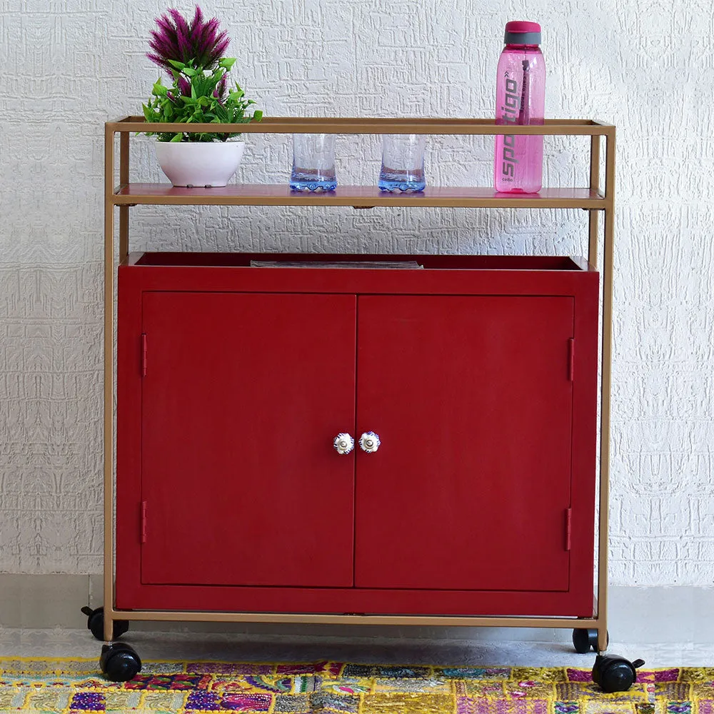 Solid Wood Red Bar Trolley With Wheels/ Multipurpose Cabinet With Golden Iron Frame