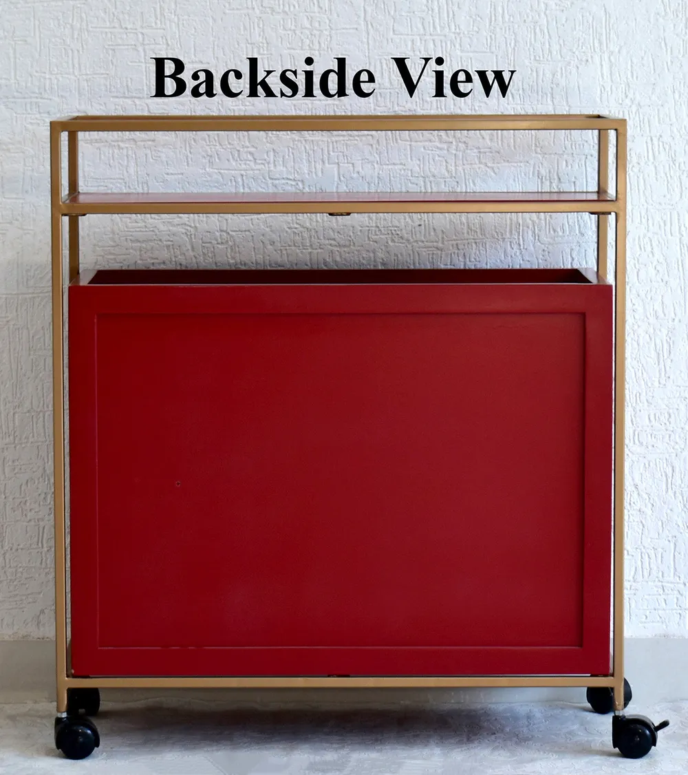 Solid Wood Red Bar Trolley With Wheels/ Multipurpose Cabinet With Golden Iron Frame