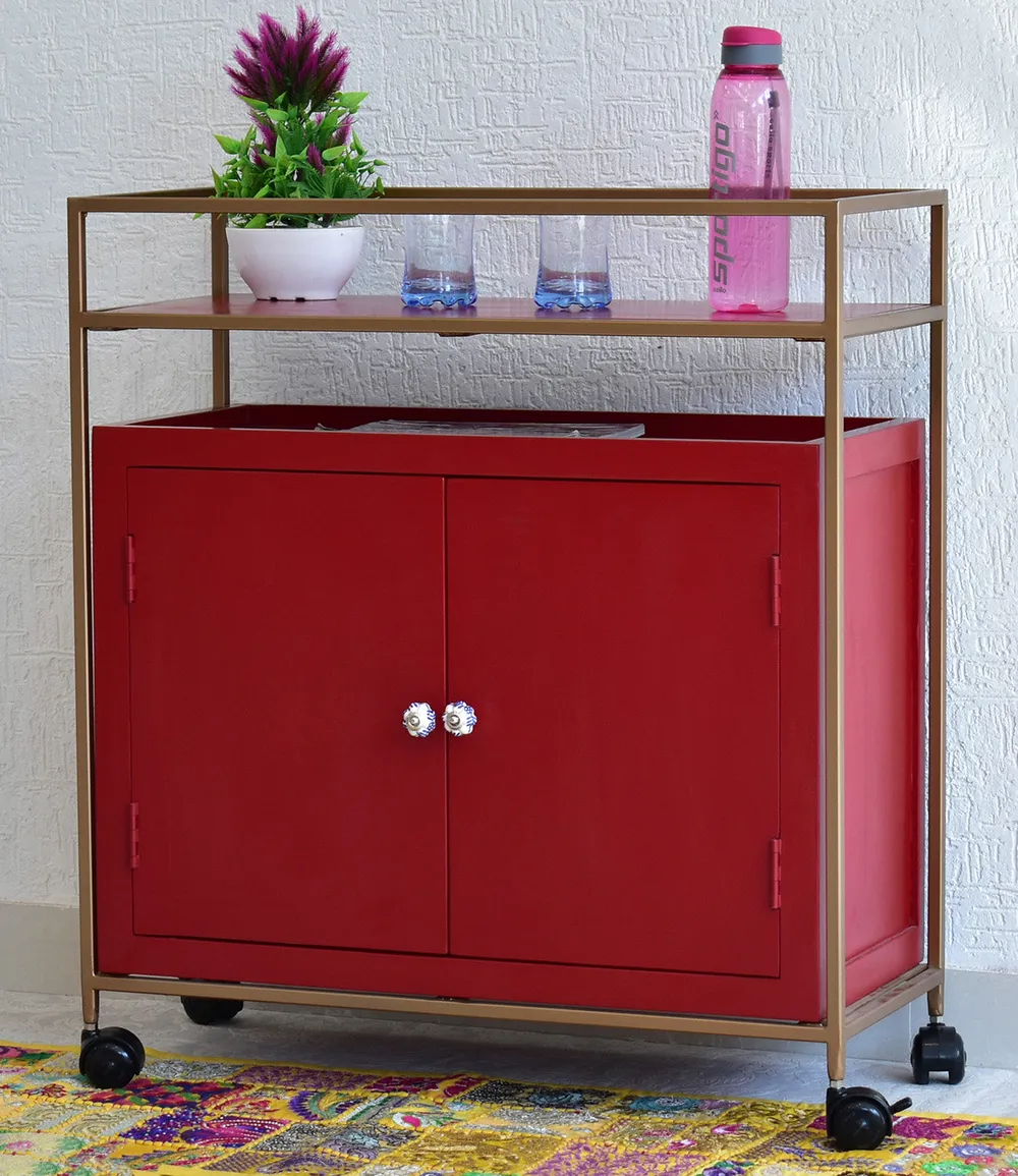 Solid Wood Red Bar Trolley With Wheels/ Multipurpose Cabinet With Golden Iron Frame