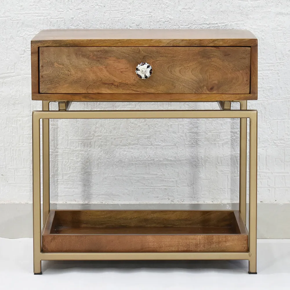 Solid Wood Single Drawer Yellow Brown Bedside Table With Golden Iron Frame Single Piece