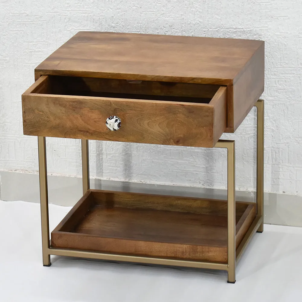 Solid Wood Single Drawer Yellow Brown Bedside Table With Golden Iron Frame Single Piece