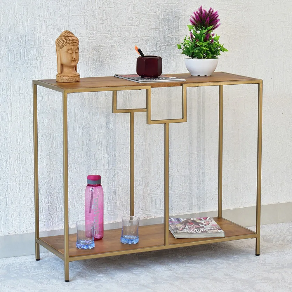 Solid Wood Two Shelves White Console Table With Golden Iron Frame Red