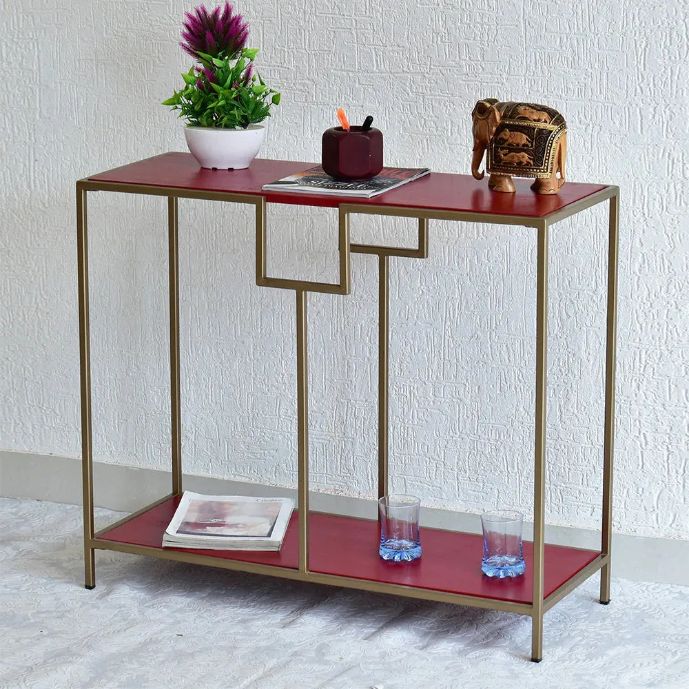 Solid Wood Two Shelves White Console Table With Golden Iron Frame Red