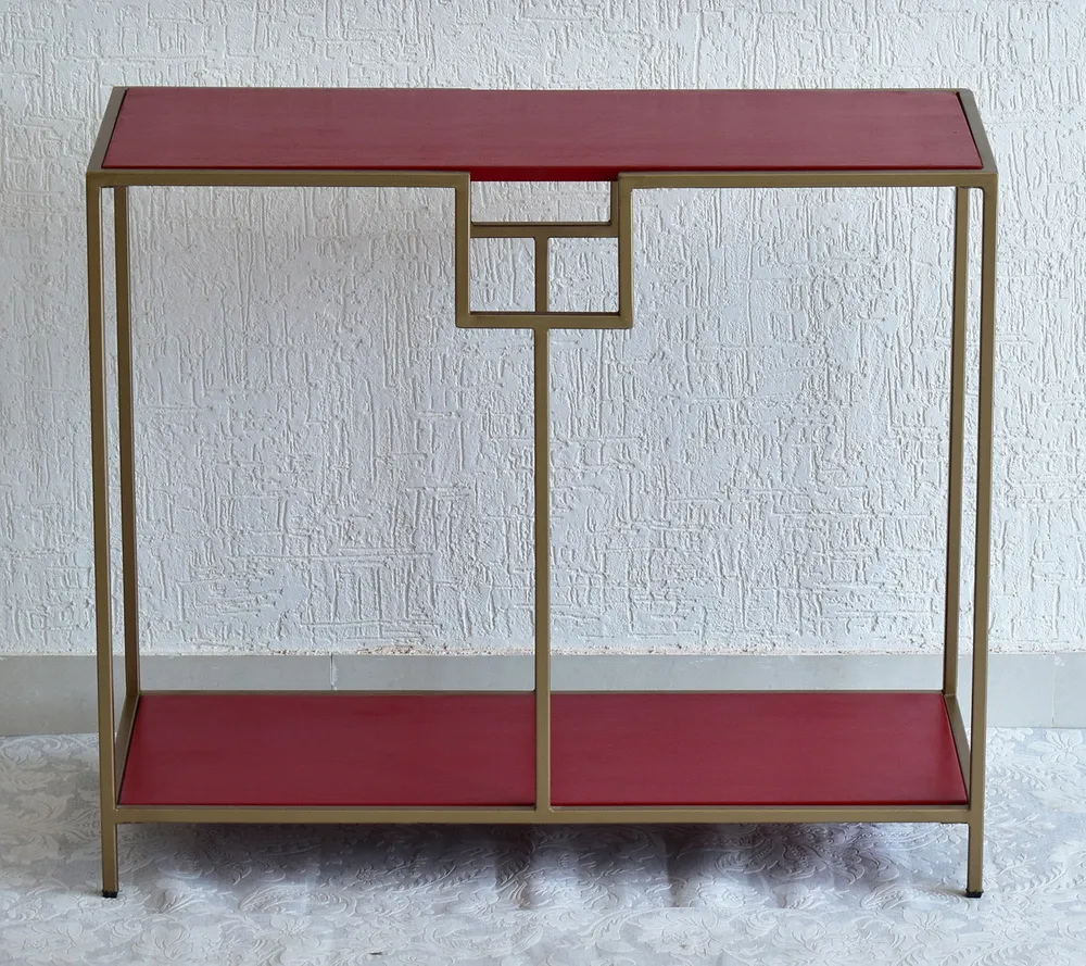 Solid Wood Two Shelves White Console Table With Golden Iron Frame Red
