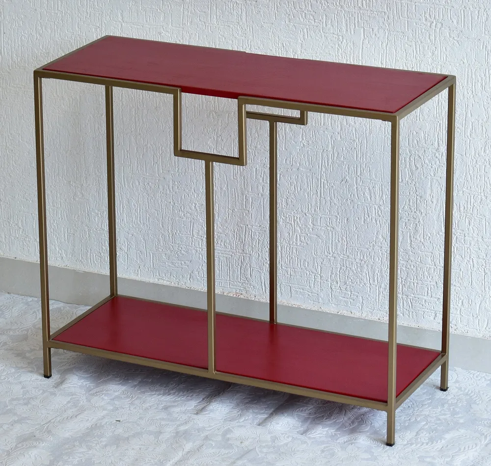 Solid Wood Two Shelves White Console Table With Golden Iron Frame Red