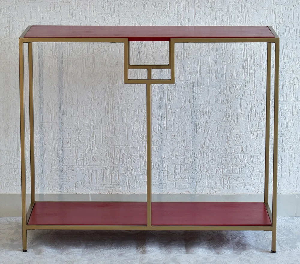 Solid Wood Two Shelves White Console Table With Golden Iron Frame Red
