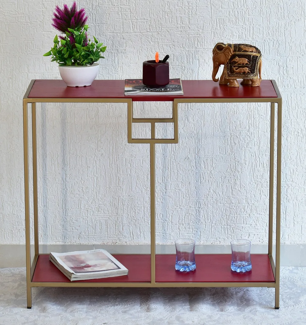 Solid Wood Two Shelves White Console Table With Golden Iron Frame Red
