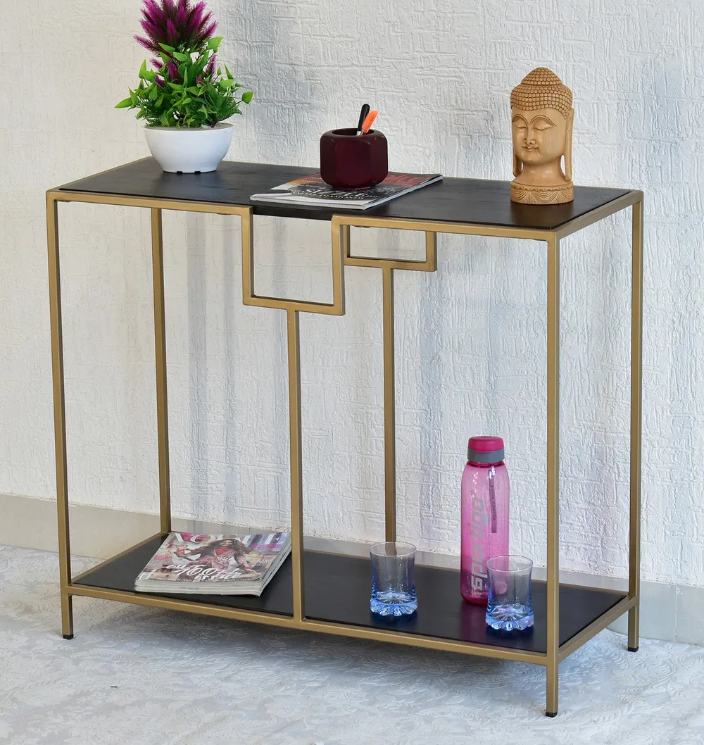 Solid Wood Two Shelves White Console Table With Golden Iron Frame Red