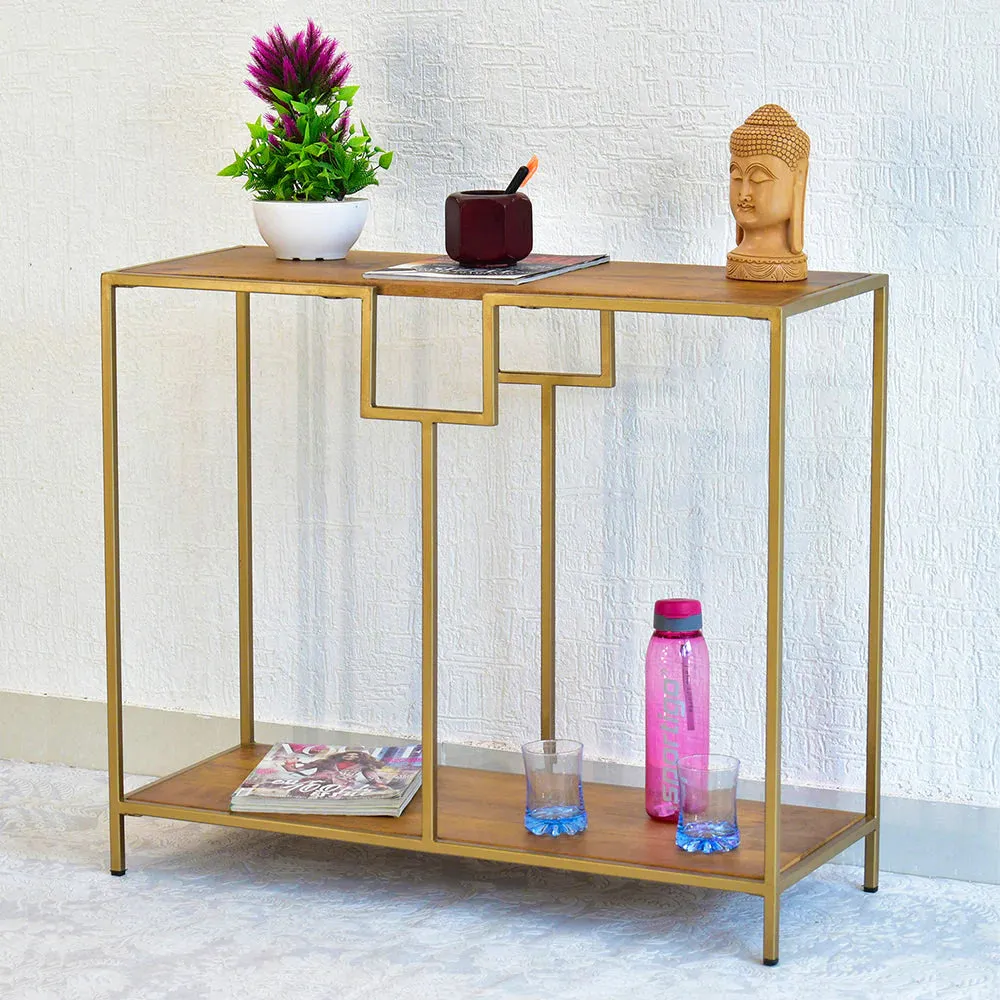 Solid Wood Two Shelves White Console Table With Golden Iron Frame Red