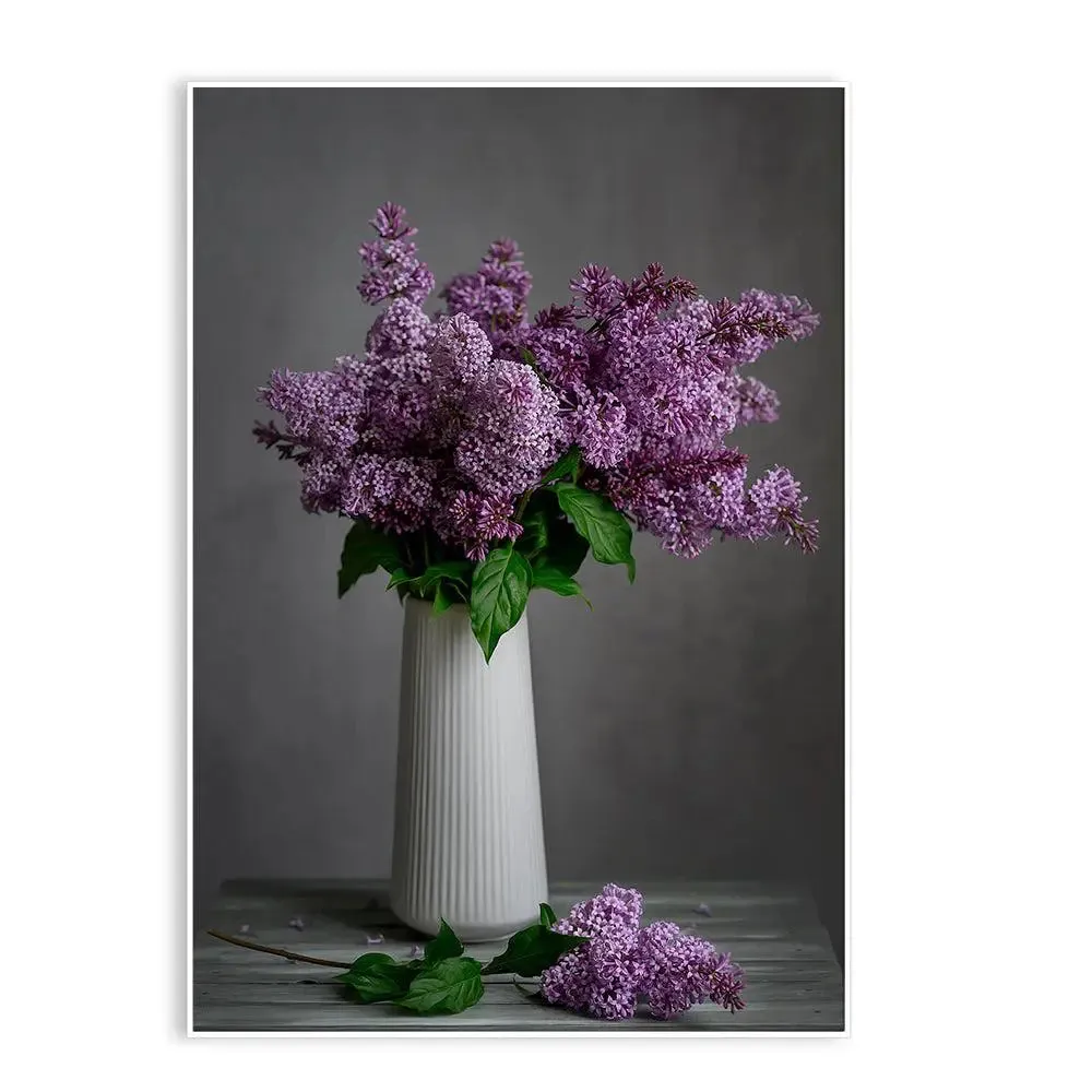 Soothing Lilac Flower Vase Still Life Canvas Painting With Floating Frame