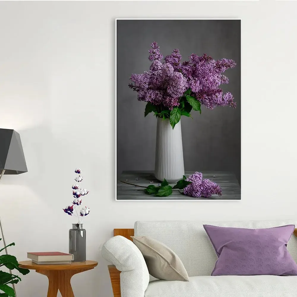 Soothing Lilac Flower Vase Still Life Canvas Painting With Floating Frame