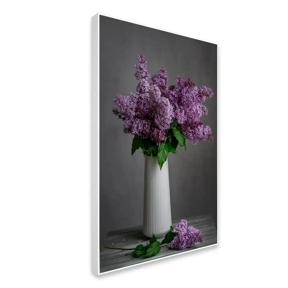 Soothing Lilac Flower Vase Still Life Canvas Painting With Floating Frame