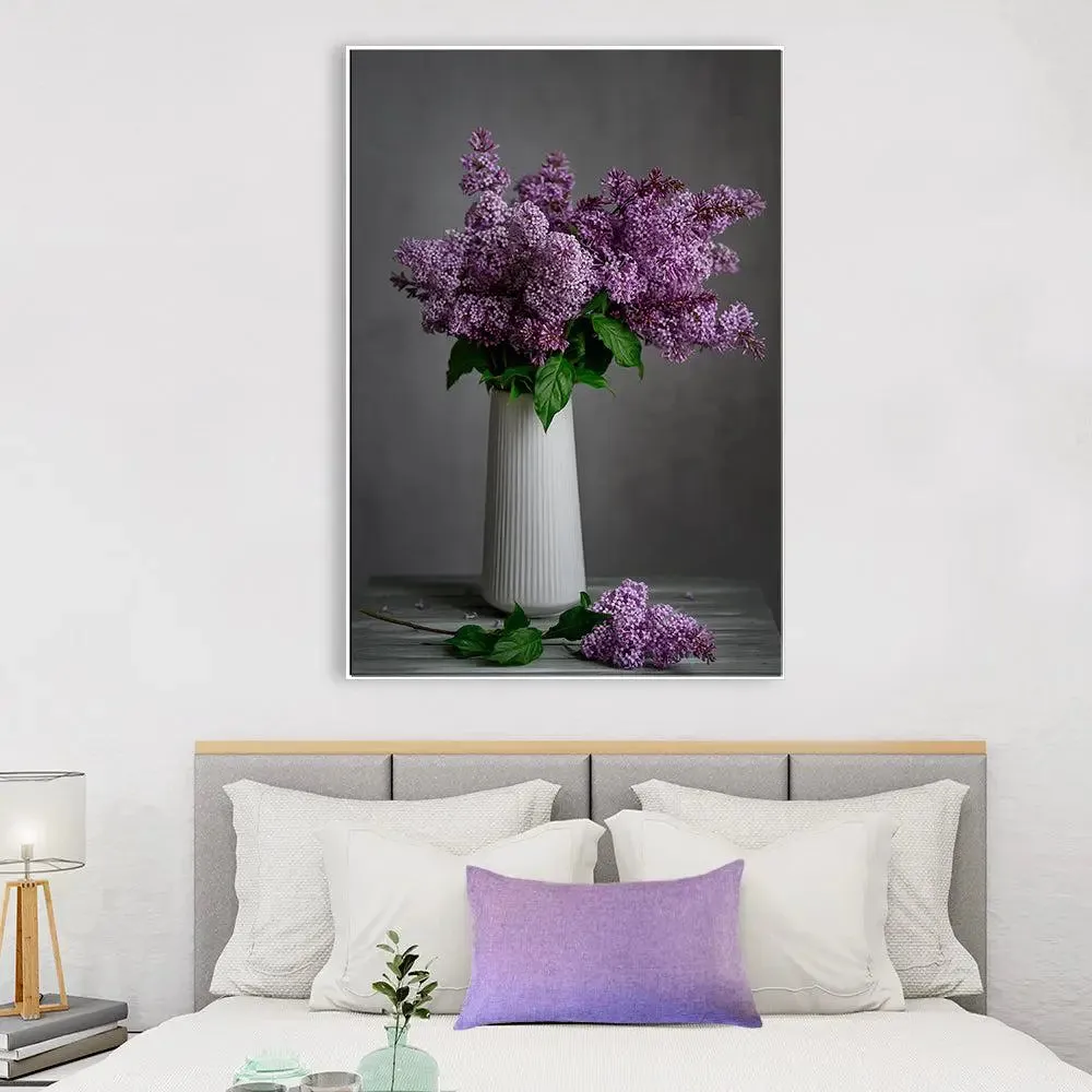 Soothing Lilac Flower Vase Still Life Canvas Painting With Floating Frame