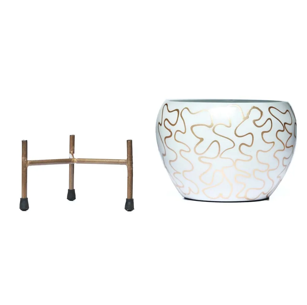 Sophisticated White and Gold-Toned Resilient Metal Plant Pot With Stand Set Of 1