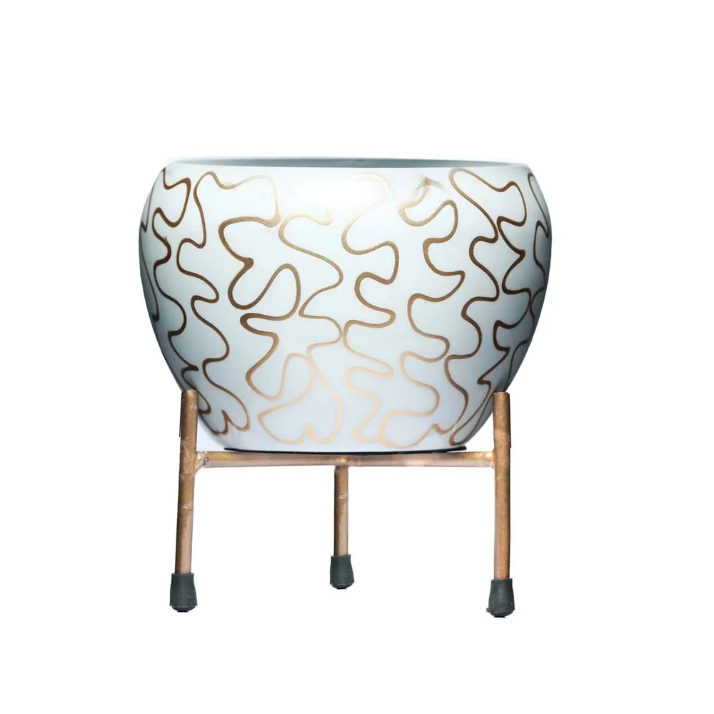 Sophisticated White and Gold-Toned Resilient Metal Plant Pot With Stand Set Of 1