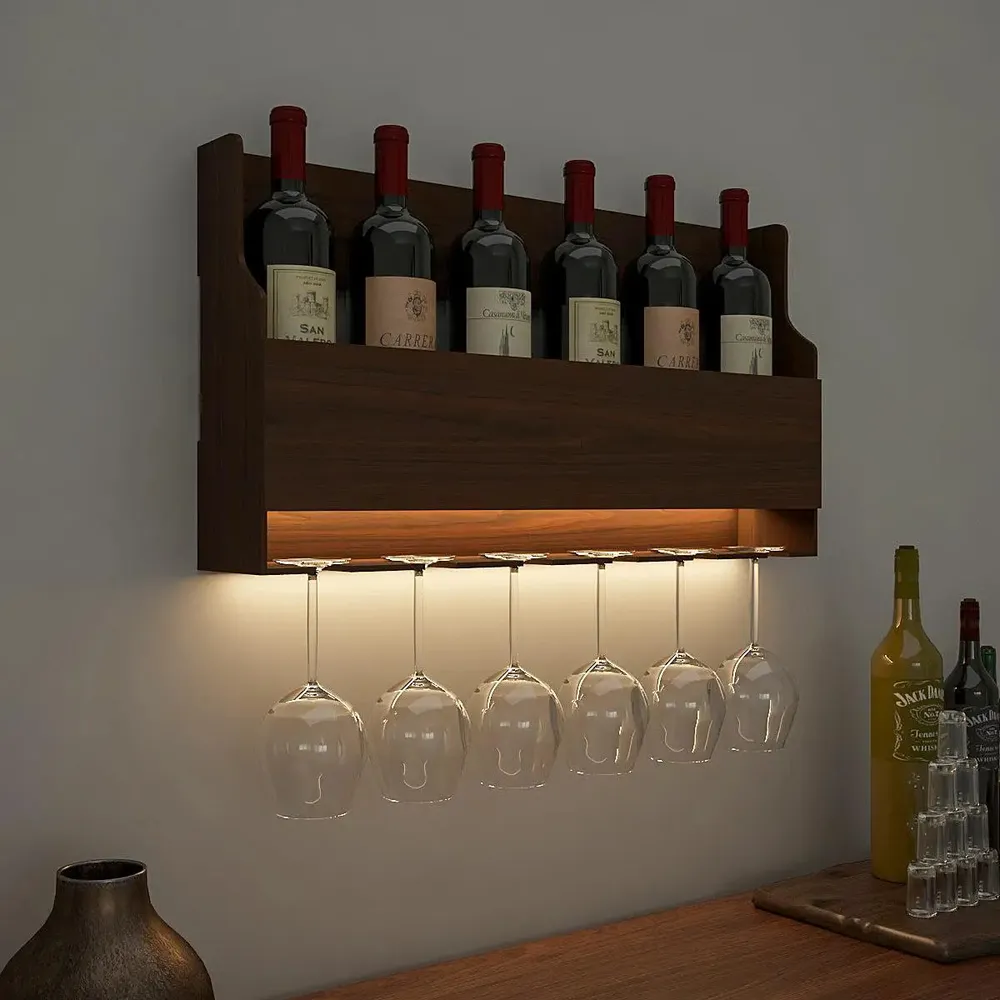 Spacious Backlit Wooden Bar Wall Shelf / Mini Bar Cabinet in Walnut Finish