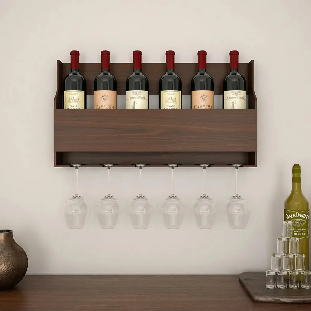 Spacious Backlit Wooden Bar Wall Shelf / Mini Bar Cabinet in Walnut Finish