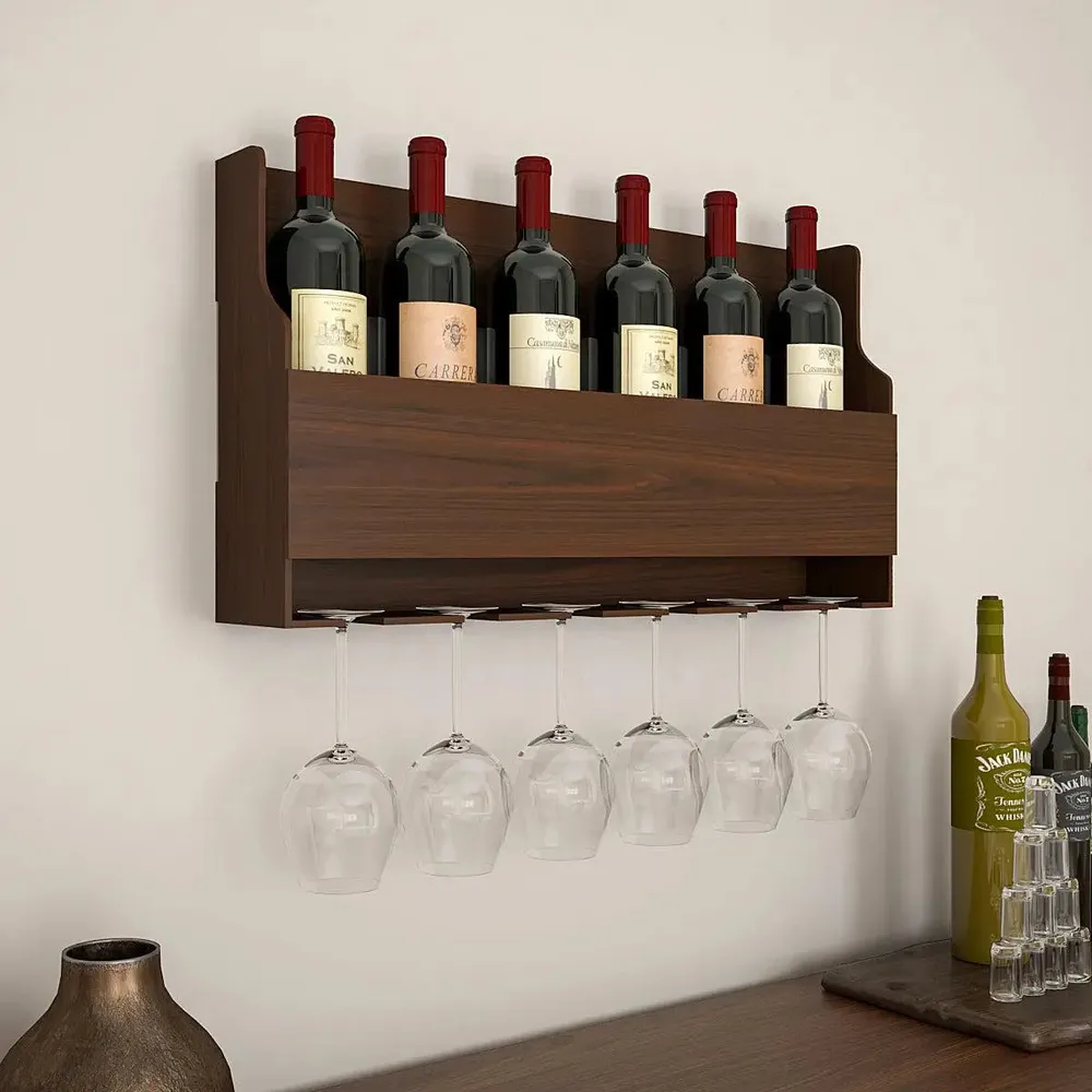 Spacious Backlit Wooden Bar Wall Shelf / Mini Bar Cabinet in Walnut Finish