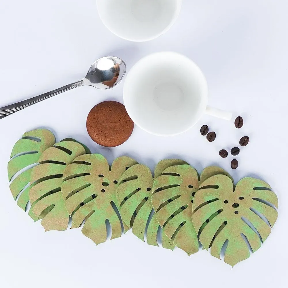 Sparkle Green Leaf Wooden Coasters Set Of 6