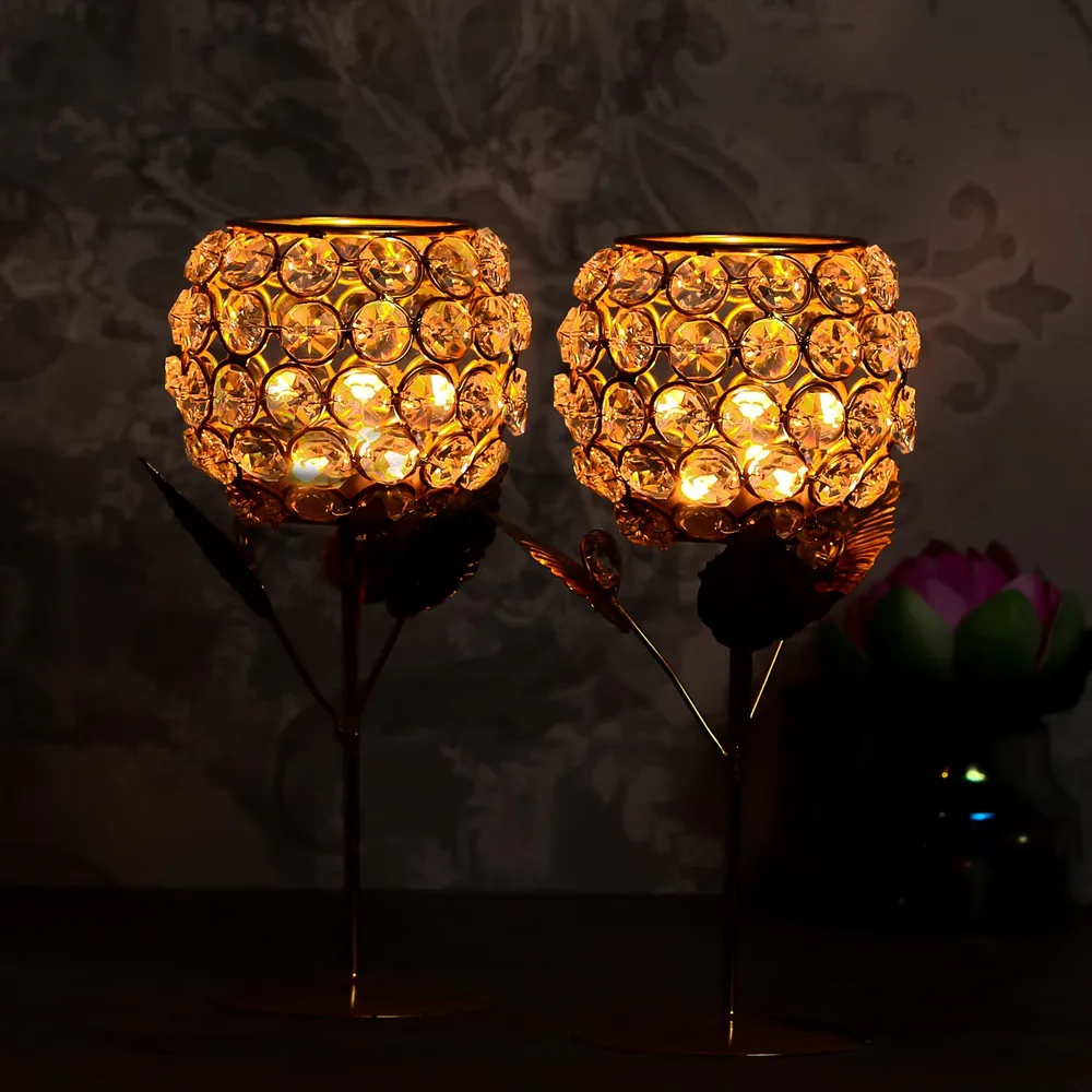 Sparkling Crystal Golden Metal Tea Light Candle Holder