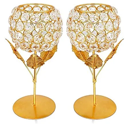 Sparkling Crystal Golden Metal Tea Light Candle Holder
